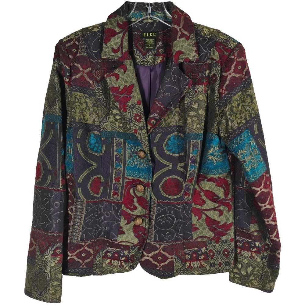 Vintage ELCC Women's Medium Cropped Colorful Tapestry Blazer Jacket